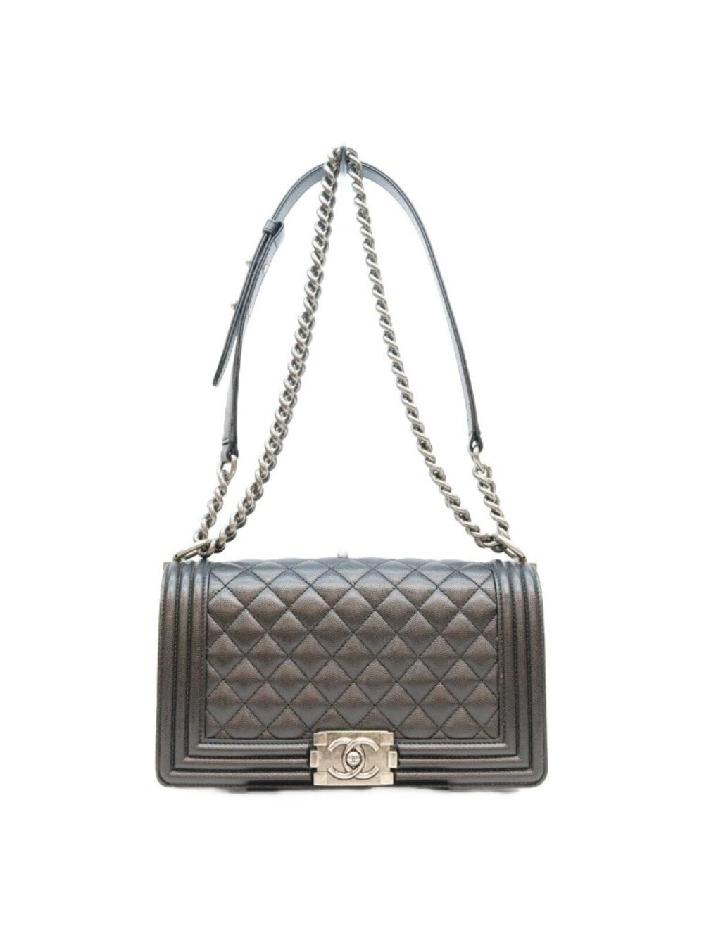 Chanel Black Caviar Silver Boy 25 Medium Chain Shoulder Bag